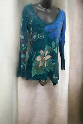 Desigual Tunic Floral Blue/Green Jersey Pockets Shirt Top Blousewearable Art • $49