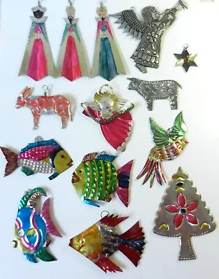 Vintage Lot Of 14 Painted Folk Are Punched Tin Ornaments - Mexican? • $19.99