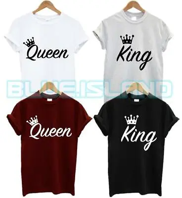 King Queen T Shirt Set Crown Wifey Couple Hubby Gift Present Marriage Unisex • £14.99