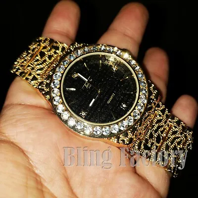 Mens Iced Luxury Urban Hip Hop Golden Nugget Bling Black Dial Wrist Metal Watch • £26.05