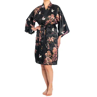 Silk Crane And Chrysanthemum Short Black Yukata • £179