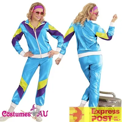 Ladies Blue 80s Height Of Fashion Costume Retro Neon 1980s Shell Suit Tracksuit • $33.24