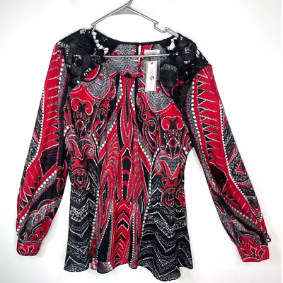 Bisou Bisou Blouse Top Shirt Women's XL Red Black Flowy Elastic Waist Pablum  • $20