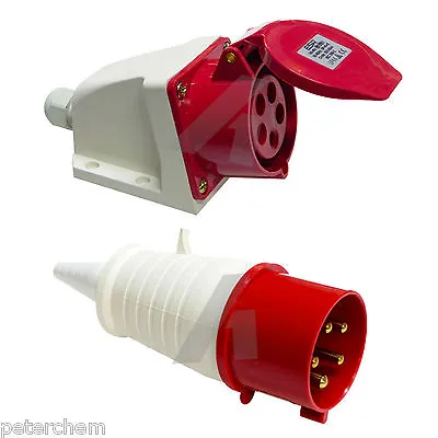 32 Amp 5 Pin Industrial Plug & Wall Socket Weatherproof 3 Phase 415V 3P+N+E IP44 • £20.50