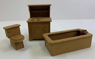 Mini Wood 3 Piece Dollhouse Set Bath Tub Toilet & Stove Doll Furniture • $20.25