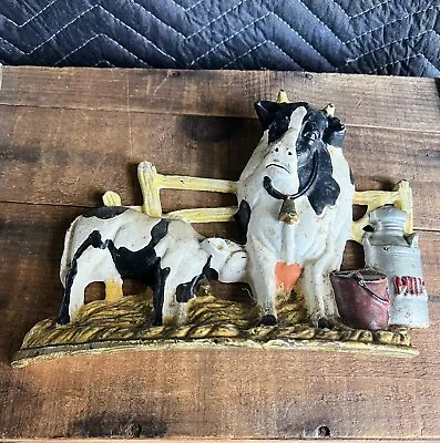 Vintage Cast Iron Cow & Calf Farm Animal Doorstop 10  Long Americana Country • $29.95