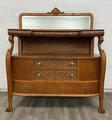 Antique Empire Style Tiger Oak Carved Claw Foot Server Buffet Sideboard • $1995