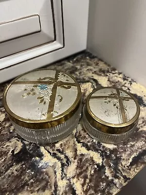 Lot Of 2 Vintage Art Deco Style Glass Powder Jar / Vanity Jar ~ Metal Lids • $17