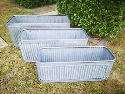 Set Of 3 Ribbed Trough Vintage Grey Zinc Galvanised Metal Garden Planter Flower • £87.50