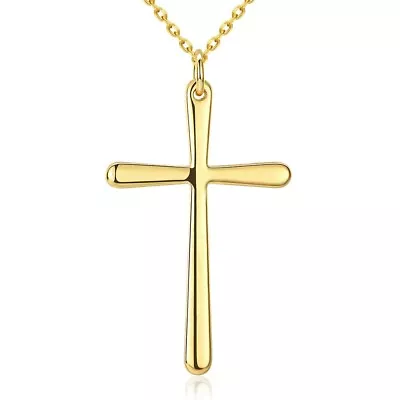  Yellow Gold Plated Necklace Women's Pendant Cross 20 Inches 1MM Lobster B139 • $8.99