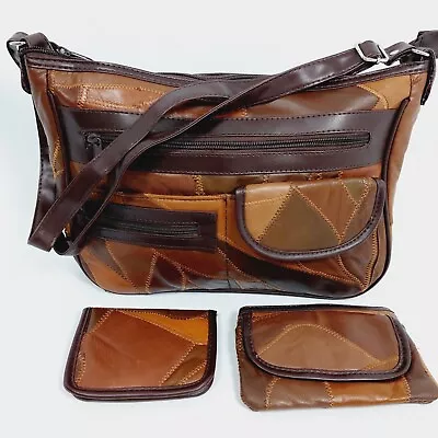 Womens Leather Patchwork Handbag Shoulder Bag Coin Card Purse Bundle Set • $52.99