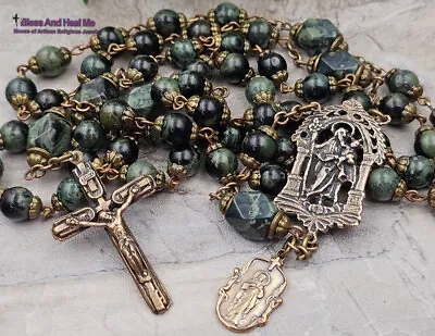 St Joseph Sacred Heart Vintage Bronze Green Kambaba Jasper Mens Rosary • $159