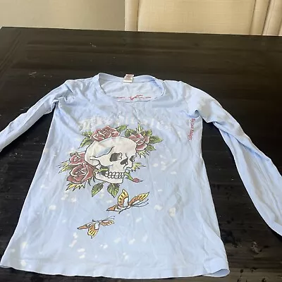 Ed Hardy By Christian Audigier Long Sleeve Blue Small  Graphic Tee T-Shirt • $39