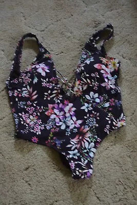 Hobie Women's Size Large Tropi-Call Me One Piece BROWN  Floral Print Swimsuit • $12.99