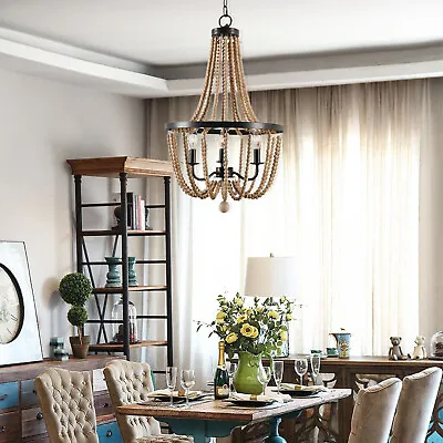 3-Light Indoor Wood Bead Chandelier Dimmable Light Pendant Light Fixtures  • $63