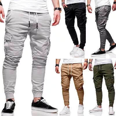 Mens Elasticated Waist Cargo Work Trousers Casual Bottoms Jogger Sports Pants • $23.99