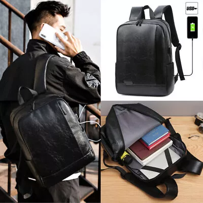 Men PU Leather Backpack Travel Laptop School Bag With USB Charger Port Rucksack • $41.13