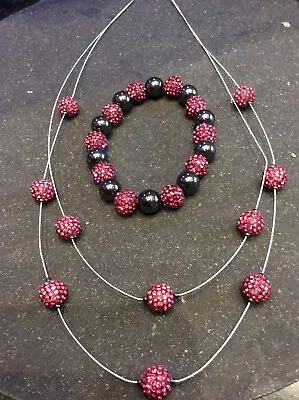 Crystal Bead Necklace & Stretch Bracelet With Hematite Beads  Pink SS Clasp. • £15