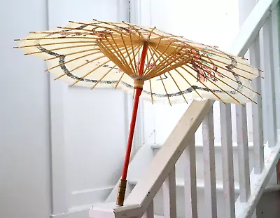 Vintage Cotton And Wood Bamboo Tree & Flower Japanese Handmade Parasol Umbrella • $100