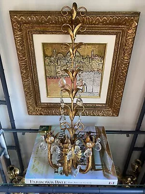 Vintage Made In Italy Gilt Tole Wall Sconce 3Arm Candelabra Crystals Chinoiserie • $108