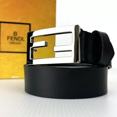 FENDI Mens Black Leather Belt Zukka FF 110125 With Silver Buckle • $179