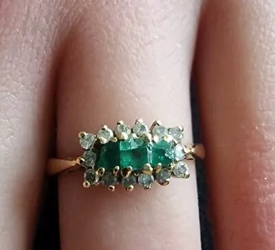 Vintage 18ct Carat Yellow Gold Diamond & Natural Emerald Cluster Ring Sz L 4g • £199.99