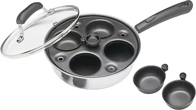 Carbon Stainless Steel 4 Cup Egg Poacher Pan With Black Handle Glass Lid • £14.89