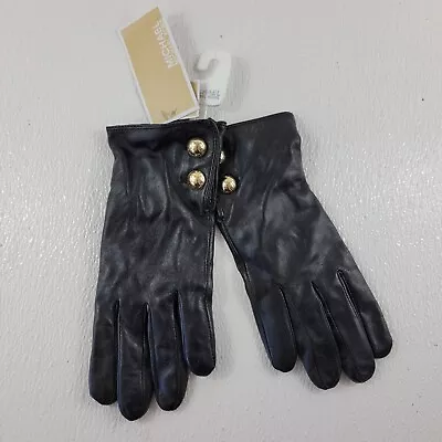 Michael Kors Womens Black Soft Leather Gold Logo Button Tech Gloves Sz S $98 • $49.99