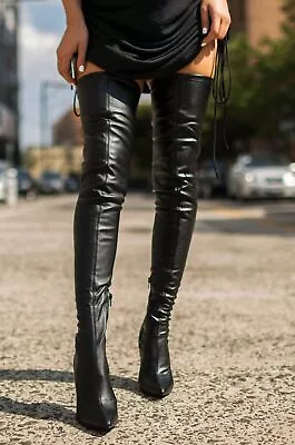 $59.99 • Buy Liliana Gisele-50 BLACK Vegan Leather Stretchy Thigh High Pointy Stiletto Heel