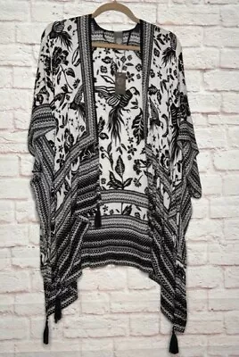 1X/2X/3X OS New Vince Camuto Black White Gauze Kimono Top Birds Border Print • $50.57