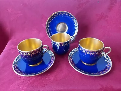 3 X Coalport Cobalt Blue Demitass   Cabinet Cups & Saucers Gilding Gold Antique  • £95