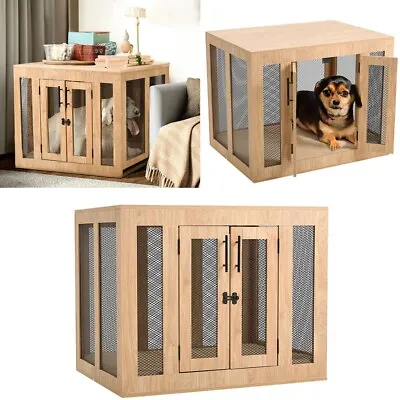 XL Large Wooden Dog Crate Pet Cage Metal Wire Netting Kennel End Table Furniture • £129.95