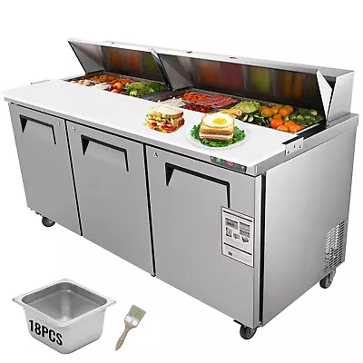 VEVOR 72 W Refrigeration Sandwich Salad Prep Table 3 Doors With 18 Pans ETL NSF • $2429.99