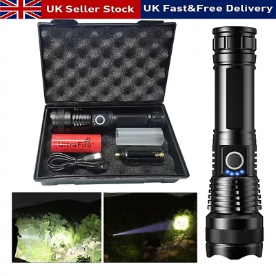 LED Super Bright Zoom Flashlight Rechargeable Powerful Camping Lamp Police Torch • £11.99