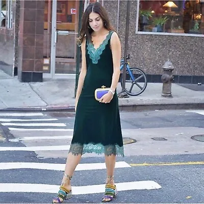 Zara Blogger Favorite  Green Velour  Lace Detail Midi Dress Size S • $58