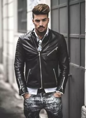 Men's 100% Pure Leather Jacket Black Vintage Biker Cafe Racer Motorcycle Coat  • $109.69