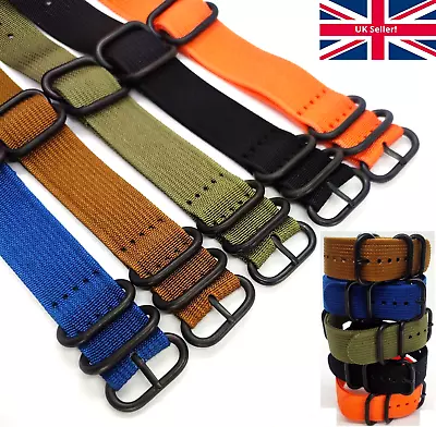 Quality Black Steel Buckle 5 Rings RIBBED Nylon NATO Watch Strap Zulu Army Band • £7.49