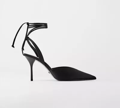 Nwt Zara Womens Black Low Vamp Ankle Wrap Pointed Toe Heeled Shoes. Uk 6/eu 39. • £50