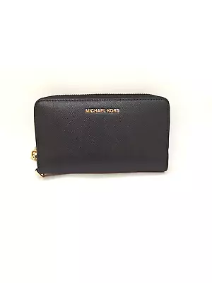 MICHAEL KORS Jet Set Charm Pebbled Leather Large Zip Around Phone Wallet - BLACK • $75