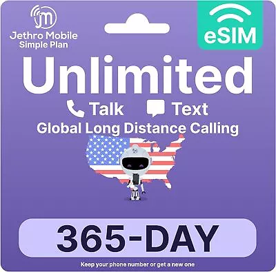 Jethro Mobile - $8.4/month ESIM Card Phone Plan Unlimited Talk & Text (1 Year) • $80