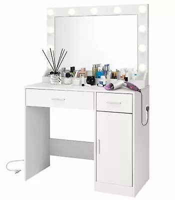 Makeup Vanity Desk With Mirror Lights & Power Outlet With Drawers And Cabinets🛒 • $168.99