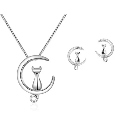 £4.47 • Buy Cat Moon Stud Earring Pendant Necklace 925 Sterling Silver Womens Jewellery Gift