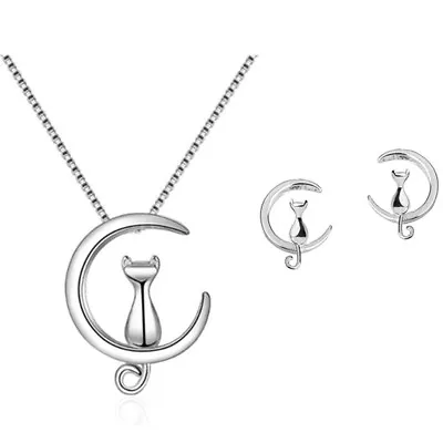 Cat Moon Stud Earring Pendant Necklace 925 Sterling Silver Womens Jewellery Gift • £2.97