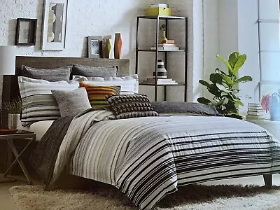 KAS Room Arlo King Duvet Cover Cotton Stripes Gray White Green/Gold Black New • £63.66