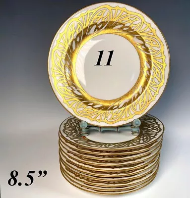 Antique Belle Epoch Hand Painted Gold & White Porcelain Salad Plate Set Of 11 • $446.25