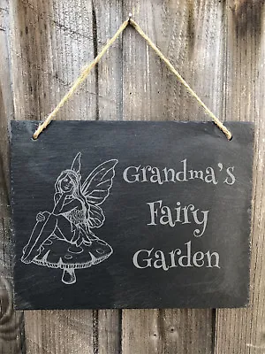 Personalised Rustic Slate Hanging Fairy Garden Sign Plaque - Nana Grandma Mum • £17.49