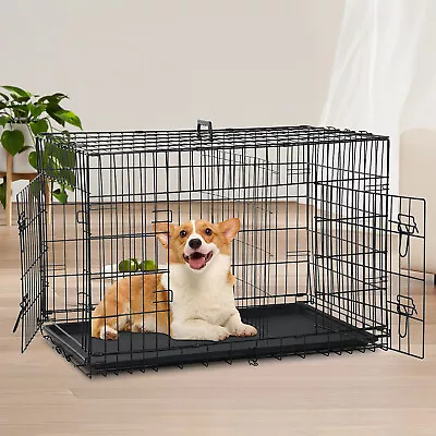 36 Inches Dog Crate Folding Metal Dog Cages With Double-door And Plastic Tray • $64.68