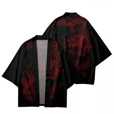 Retro Men Japanese Kimono Jacket Cardigan Yukata Open Front Coat Dragon Pattern • £24.48