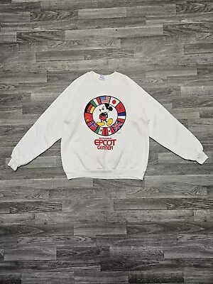 Vintage Disney Sweatshirt Epcot Center Flags 80s White XL Mickey Mouse Crewneck • $28