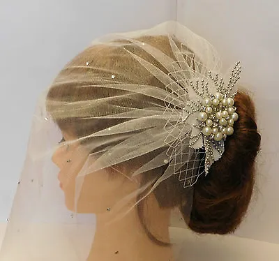 £28.99 • Buy 1920's Birdcage Veil W Boho Gatsby Wedding Lace Crystal Hair Clip Bridal Blusher